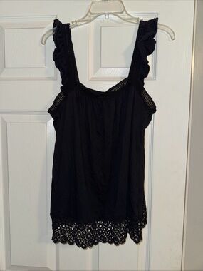 Elle Black Crochet-Hem Ruffled Strap Tank